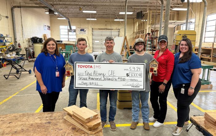 Toyota Motor Manufacturing MS recently made a generous donation to support future projects and materials for Construction I & II classes at the New Albany School of Career & Technical Education Center. TMMS also gifted the students in the class with custom Toyota MS insect hotels to take home with them.